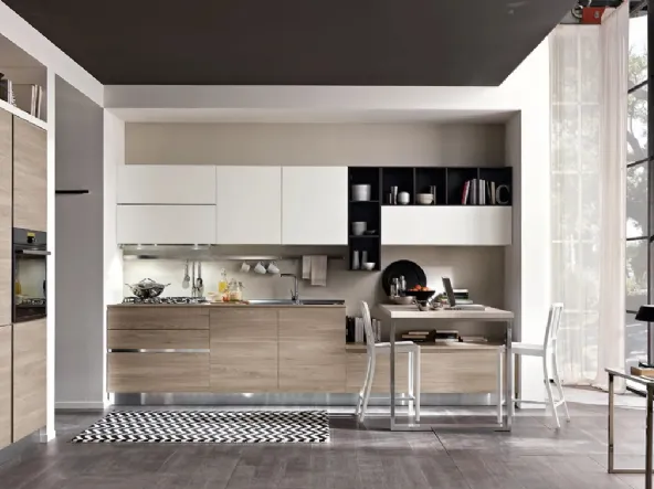 Cucina Moderna ad angolo Infinity v01 in Termo Strutturato Rovere Cumino e Graniglia di Stosa