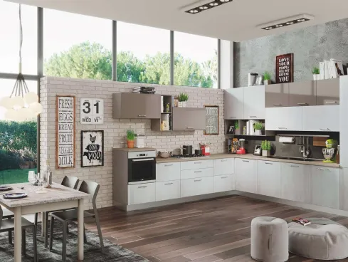 Cucina Moderna Kira 02 Legno Argento e Tortora Lucido di Net Cucine