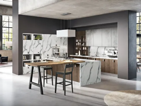 Cucina Moderna con isola Miami 42 in legno e melaminico effetto marmo di Spar