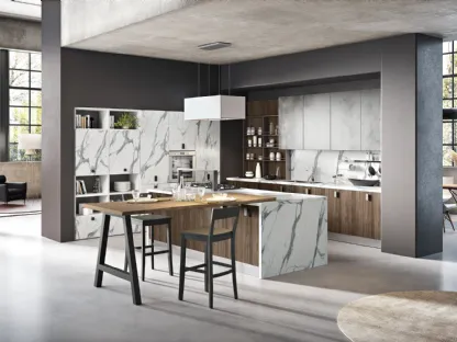 Cucina Moderna con isola Miami 42 in legno e melaminico effetto marmo di Spar